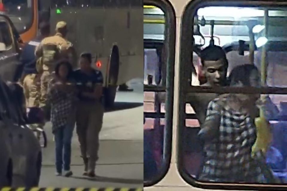 montagem com foto de mulher andando ao lado de policial mulher e ônibus ao fundo e homem segurando mulher pelo pescoço com uma mão enquanto segura faca com outra dentro de ônibus - metrópoles