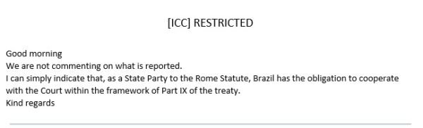 Imagem preto e branco da resposta do Tribunal de Haia (TPI) ao Metrópoles, sobre comentários de Lula sobre Brasil não prender Putin - Metrópoles