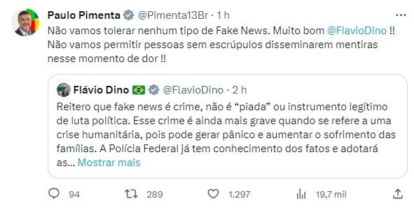 Captura de tela de post de Paulo Pimenta sobre fake news contra Lula - Metrópoles