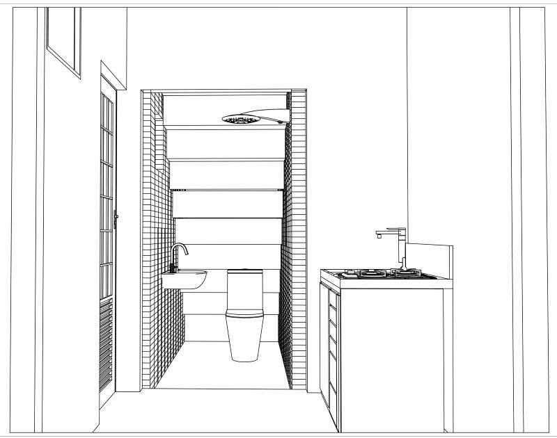 imagem colorida mostra desenho de projeto arquitetônico com pia, chuveiro e vaso sanitário - metrópoles