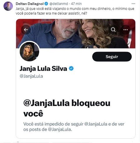 Imagem colorida de post de Dallagnol reclama que Janja o bloqueou