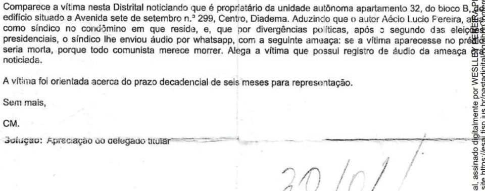 TRECHO DE BOLETIM DE OCORRÊNCIA REGISTRADO CONTRA AECIO LUCIO COSTA PEREIRA - METRÓPOLES