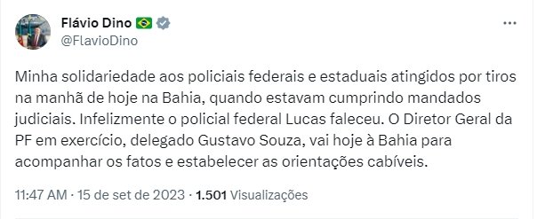 Imagem de pronunciamento do ministro Flávio Dino sobre morte de PF na Bahia - Metrópoles