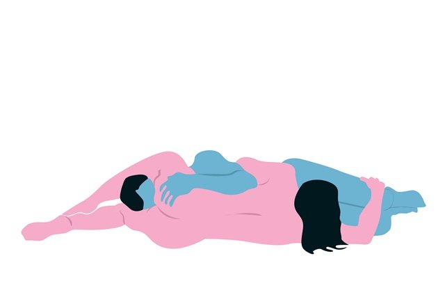 Ilustração colorida em azul e rosa de posição sexual - Metrópoles