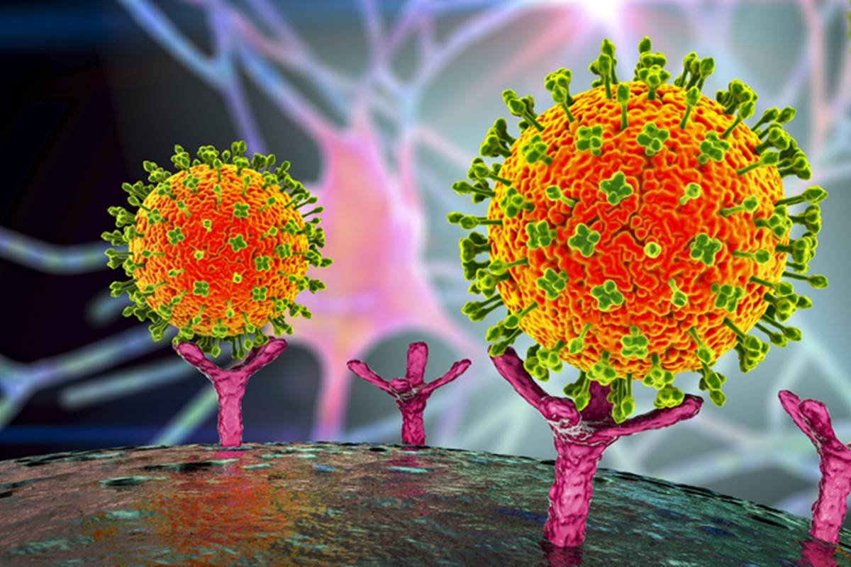 Desenho colorido de vírus com tons laranjas e azuis emitindo ondas em um fundo que representa cérebro de pessoa - Metrópoles