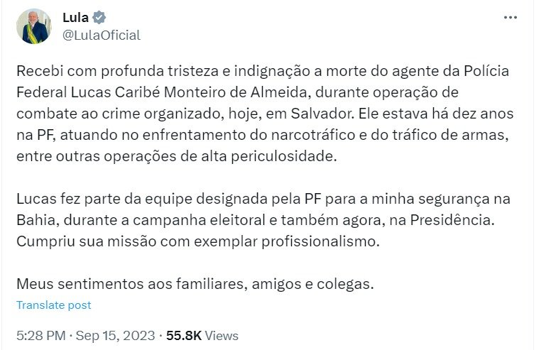 Lula Lamenta Morte De Agente Da Pf Morto Na Bahia Indigna O Metr Poles