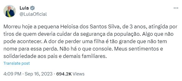 Imagem colorida de Lula se manifestando sobre a morte da menina Heloísa - Metrópoles