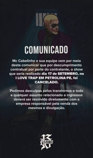 Post MC Cabelinho sobre o cancelamento de um show em Petrolina, Pernambuco - Metrópoles