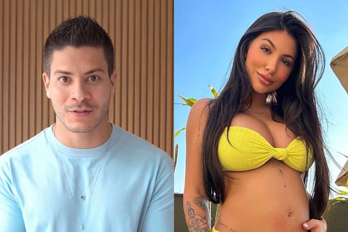 montagem com foto de Arthur Aguiar de camiseta azul e Jheny Santucci de biquini verde e barriga de gravida a mostra - metrópoles