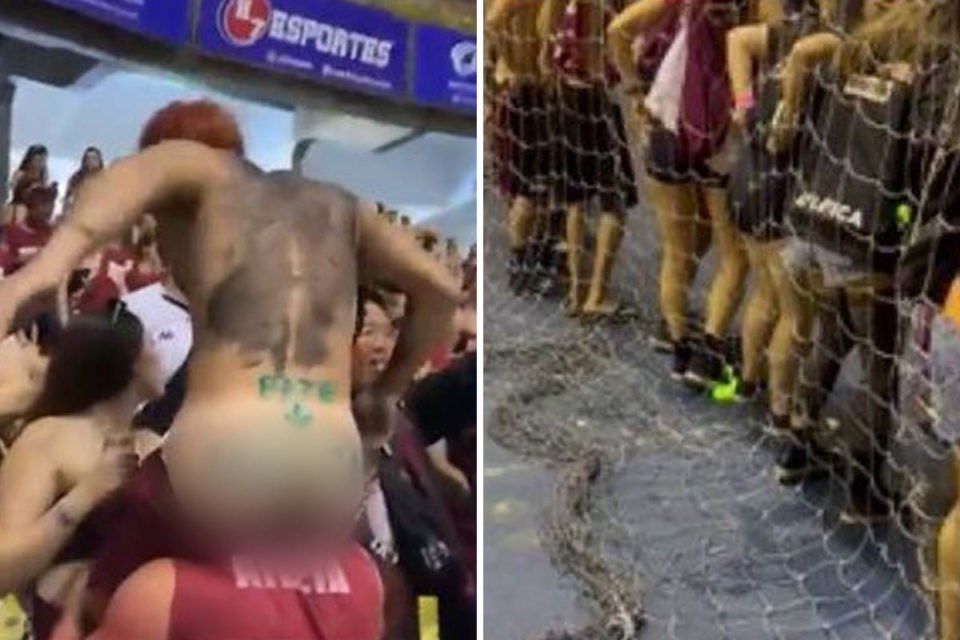 Foto colorida mostra, &agrave; esquerda, estudante mostrando n&aacute;degas e, &agrave; direita, diversas pessoas abaixando as cal&ccedil;as