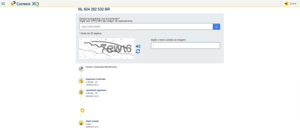 Captura de tela do site dos Correios que mostra mercadoria aguardando pagamento do imposto