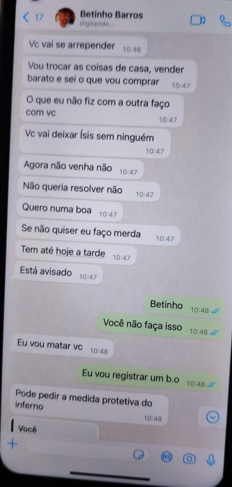 Print mostra conversas trocadas entre Betinho e sua ex-esposa