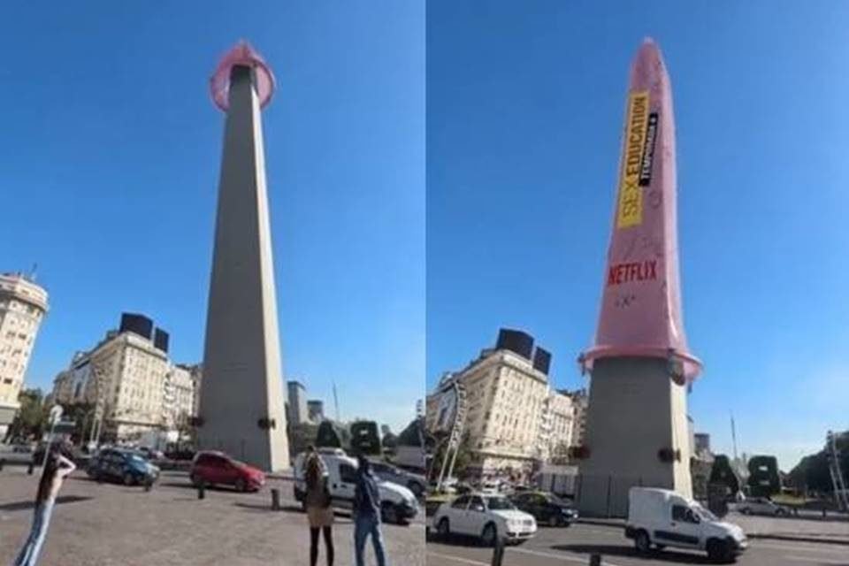 Montagem com frames de um vídeo que mostra o obelisco de buenos aires sendo coberto por uma camisinha gigante e cor de rosa - Metrópoles