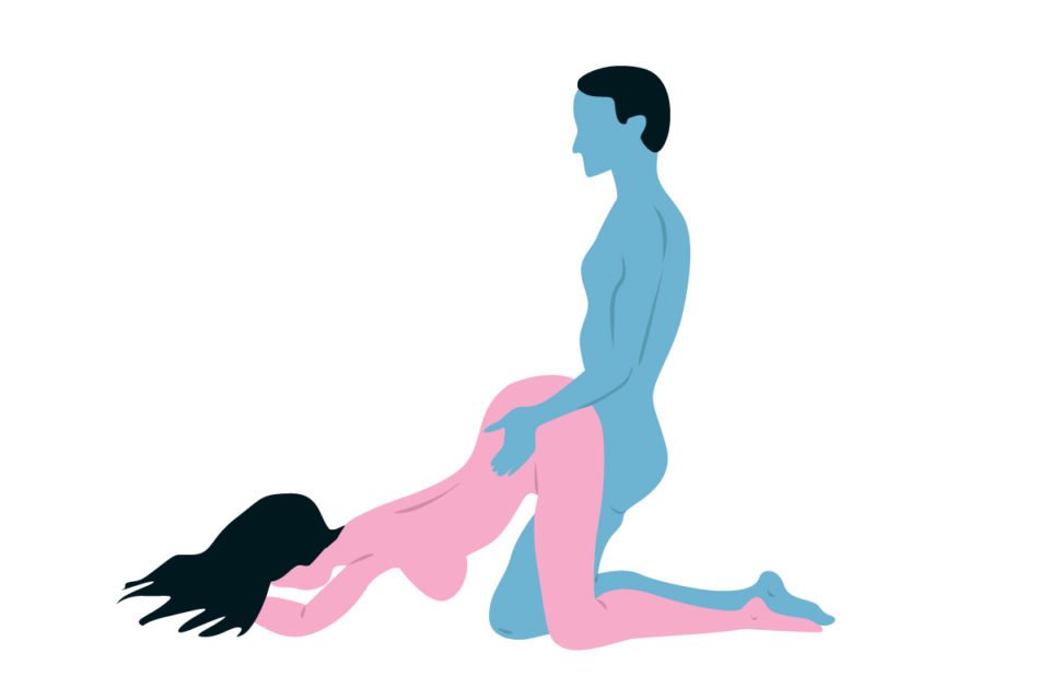 Ilustração colorida em azul e rosa de posição sexual - Metrópoles