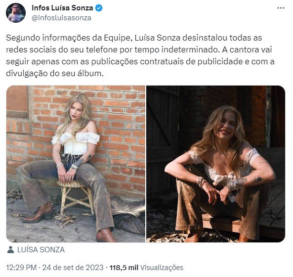 Print de um tweet noticiando que Luísa Sonza apagou todas as redes sociais do celular - Metrópoles