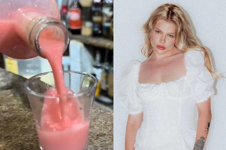 Montagem com duas fotos coloridas, uma de uma bebida cor de rosa sendo despejada em um copo e outra da cantora Luísa Sonza - Metrópoles