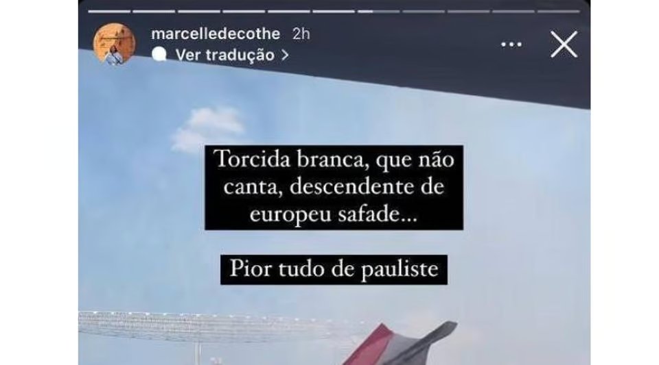 Fotografia colorida de publicação em que assessora de ministra Anielle Franco critica torcida do São Paulo