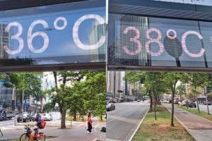 Imagem mostra termômetros de rua em canteiro central de avenida - Metrópoles