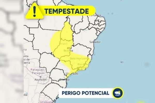 Alerta amarelo de tempestades no PR, SP, ES, MG, MT, GO, TO e em todo o DF e RJ