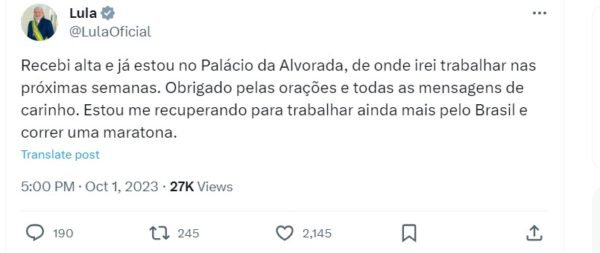 imagem colorida Lula twitter - metrópoles