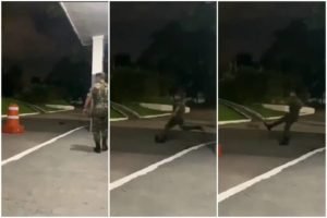 Imagem colorida mostra o momento em que militar do Exército chuta um animal - Metrópoles