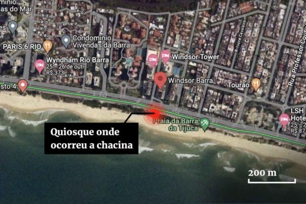 Imagem colorida mostra localização do quiosque onde médicos foram assassinados no Rio - Metrópoles