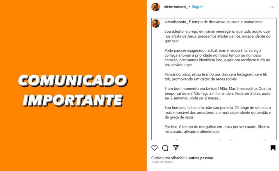 Em foto colorida reprodução de página do Instagram com comunicado de esclarecimento - Metrópoles