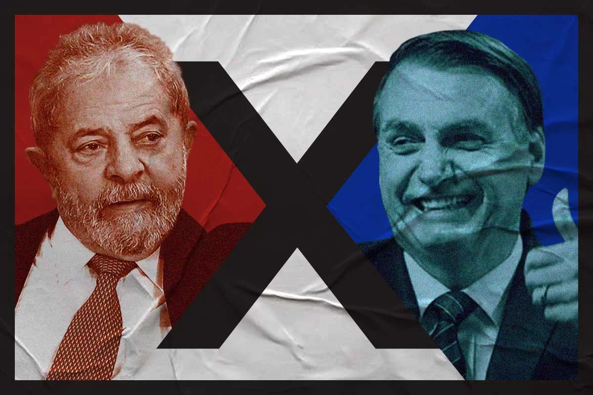 Montagem colorida mostra Lula e Bolsonaro separados por um X no meio