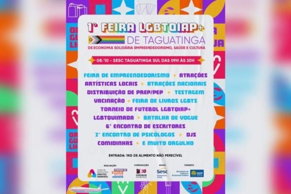 Imagem colorida de banner sobre feira LGBTQIAP+ em Taguatinga