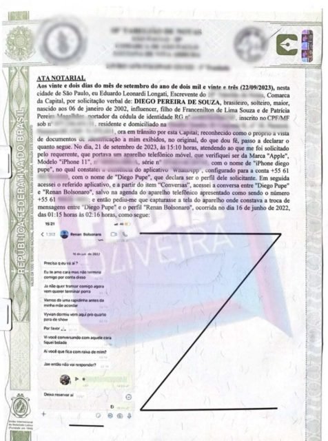 Ata notarial, documento oficial, que comprova veracidade na conversa entre Renan Bolsonaro com Diego Pupe, seu ex-assessor