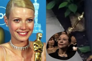 Foto colorida de Gwyneth Paltrow com estatueta do Oscar e foto pequena de Fernanda Montenegro ao lado - Metrópoles