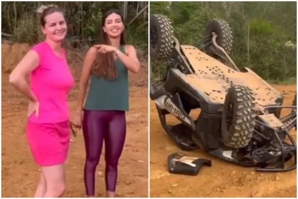 montagem com a foto de duas mulheres sorrindo e um carro capotado na terra - Metrópoles