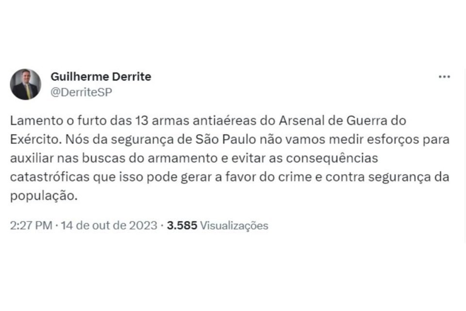 Reprodução do post do secretário Guilherme Derrite na rede social X
