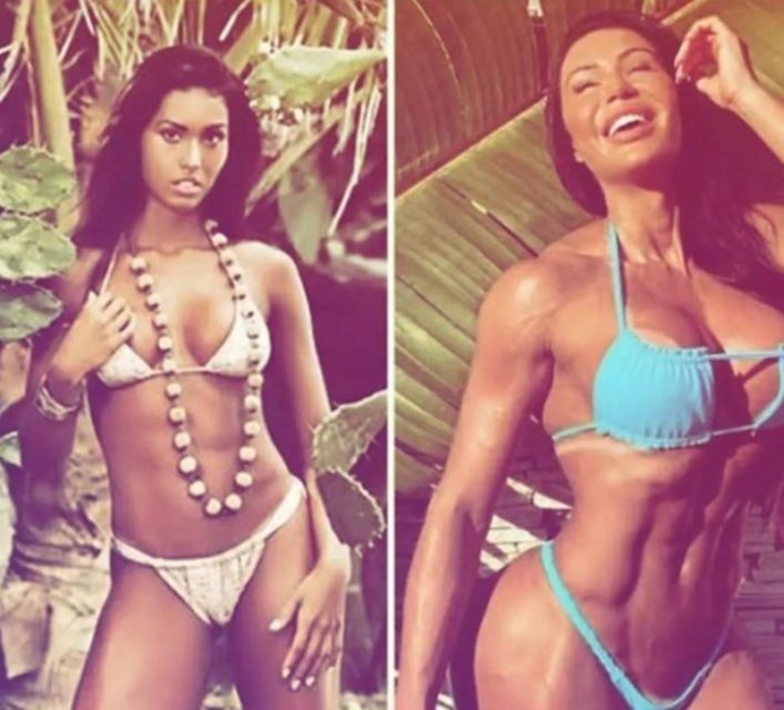 Montagem com duas fotos de Gracyanne Barbosa. Na primeira, ela é um jovem mulher. A segunda é atual - Metrópoles