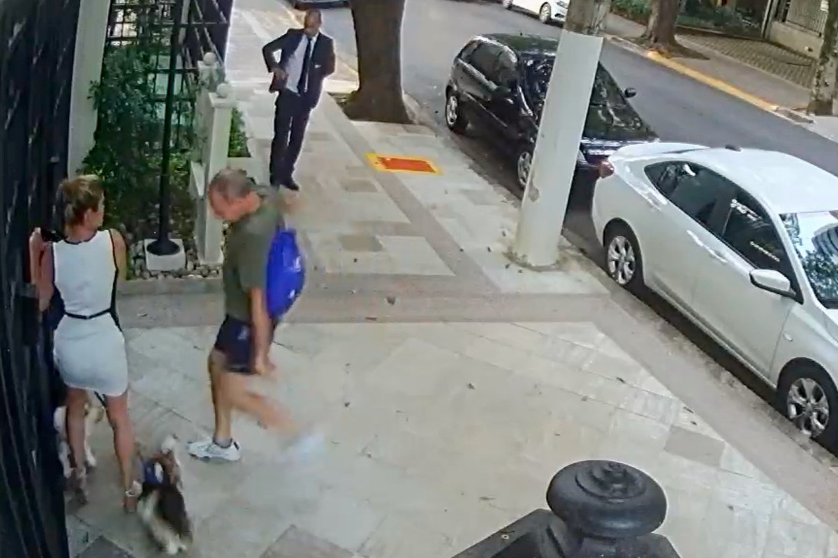 Imagem colorida de câmera de segurança mostra mulher de vestido branco, irmã de Cristiano Zanin, acuada na parede, em uma rua residencial, com homem chutando ela e seus cães - Metrópoles