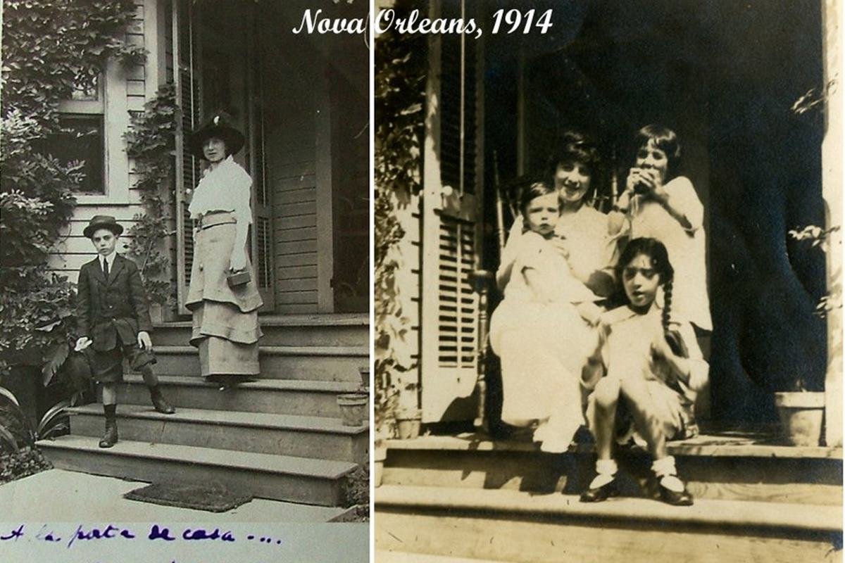 Dos fotografías en blanco y negro de una mujer junto a un hombre vestido con ropa vieja.  Y en la otra imagen hay cuatro niños, dos de ellos sentados - Metropolis