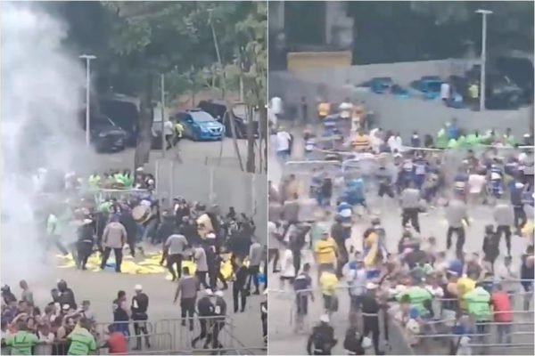 Foto colorida de confronto entre policiais e torcedores do Boca no Maracanã - Metrópoles