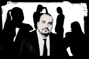 Arte mostrando foto de biomédico Rafael Bracca ao centro e ilustrações de sombras de mulheres ao fundo