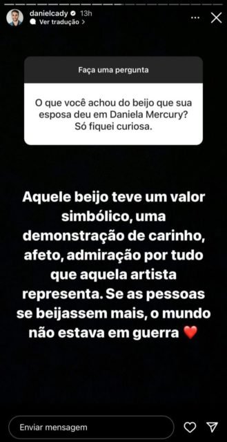 Print da resposta de Daniel Cady, marido de Ivete, sobre o beijo da cantora em Daniela Mercury - Metrópoles