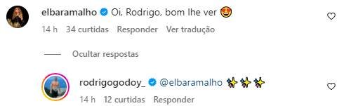 Print de Elba Ramalho interagindo em uma publicação de Rodrigo Godoy - Metrópoles