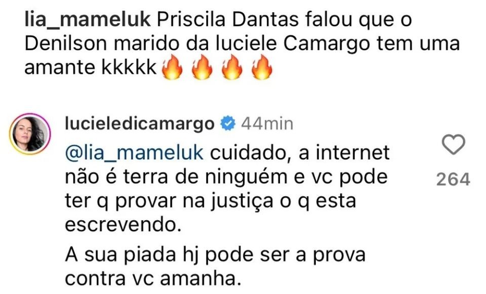Print dos comentários de uma publicação de Luciele Camargo no Instagram - Metrópoles
