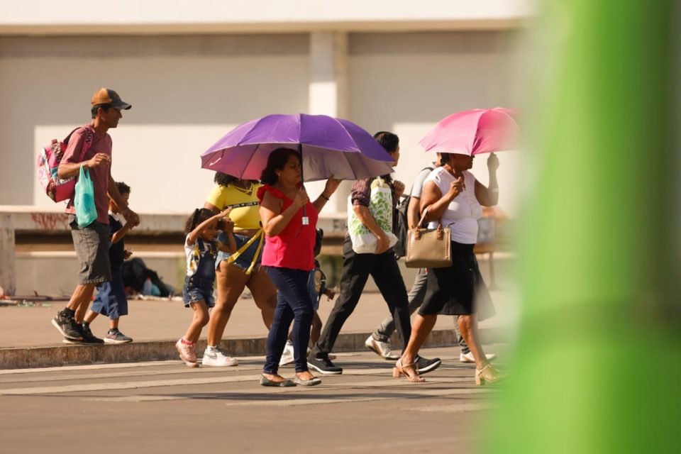 Imagem colorida de pessoas se protegendo do sol com o guarda-chuva - Metrópoles