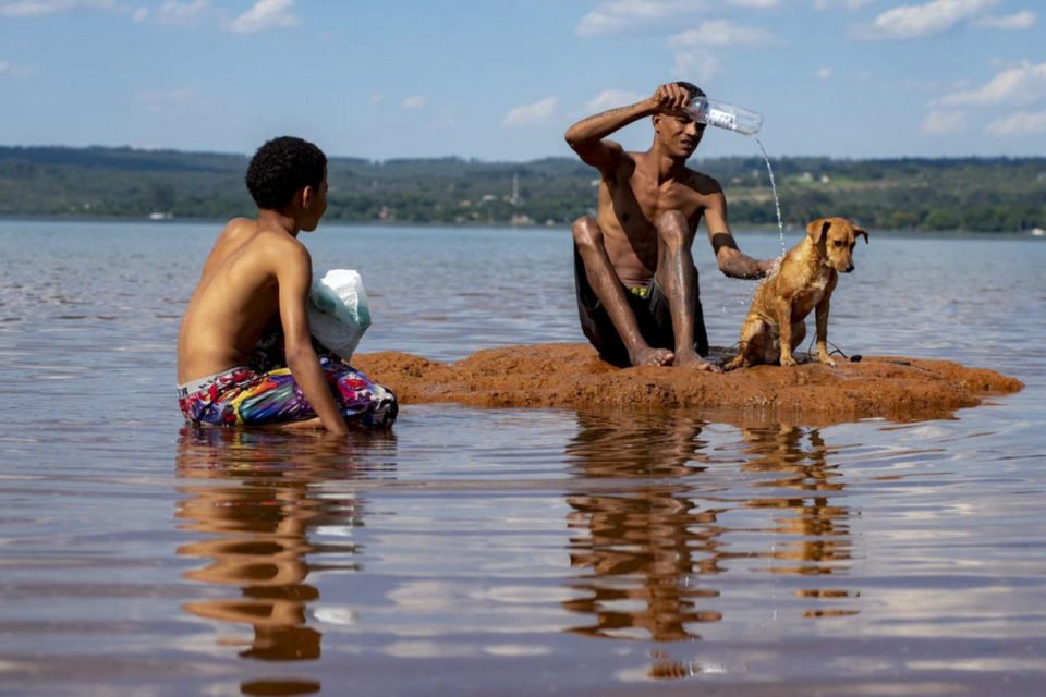 Imagem colorida com homem molhando cachorro no lago paranoá - Metrópoles