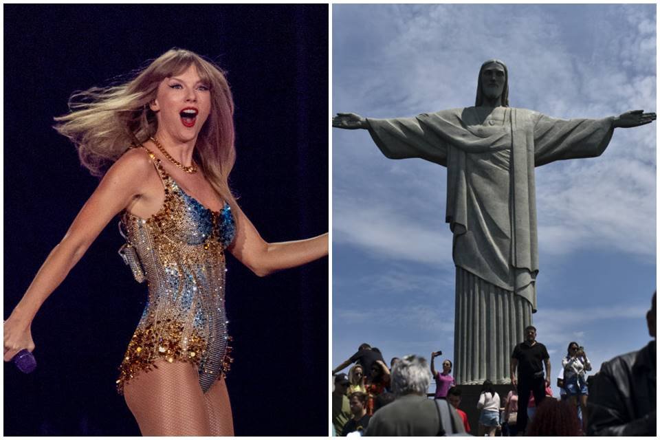 Foto colorida da Taylor Swift e do Cristo Redentor - Metrópoles