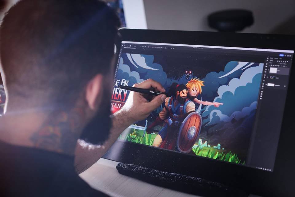 Foto colorida de homem branco com barba mexendo em ilustração