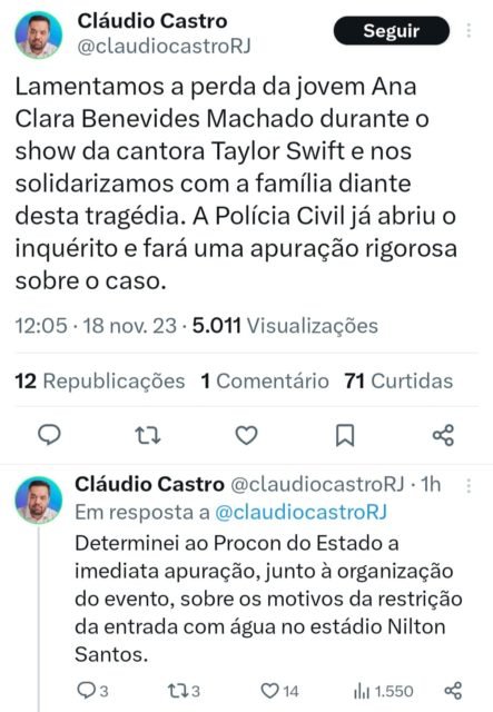 Print do governador do Rio, Cláudio Castro, sobre a morte em show da Taylor Swift - Metrópoles