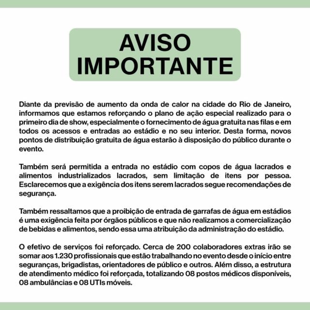 Print da empresa organizadora do show Taylor Swift autorizando a entrada de água - Metrópoles