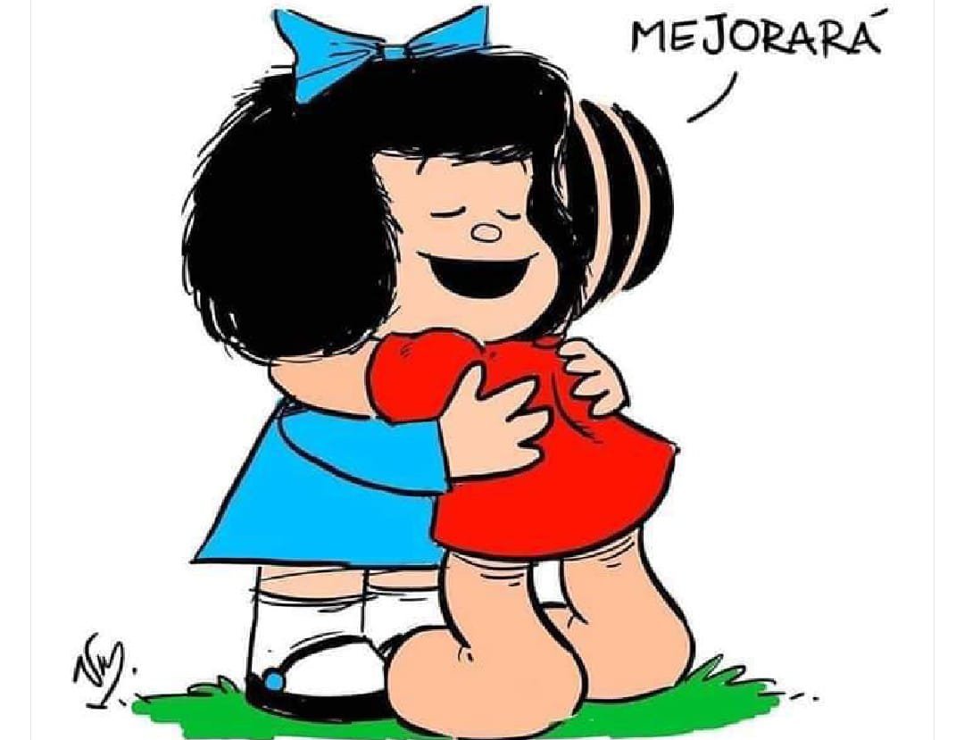 Imagem colorida da personagem de quadrinhos argentina Mafalda abraçando a personagem brasileira Mônica - Metrópoles