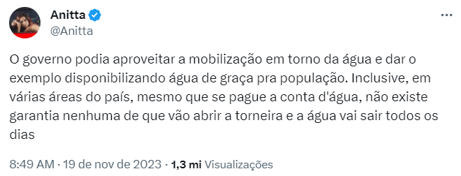 Print de um tweet da Anitta cobrando o governo do Rio de Janeiro