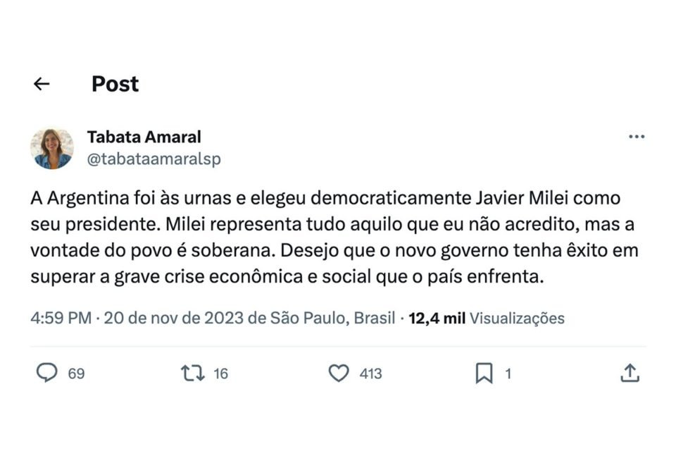 imagem colorida mostra publicação na rede social x de tabata amaral. o texto diz “A Argentina foi às urnas e elegeu democraticamente Javier Milei como seu presidente. Milei representa tudo aquilo que eu não acredito, mas a vontade do povo é soberana. Desejo que o novo governo tenha êxito em superar a grave crise econômica e social que o país enfrenta” - metrópoles